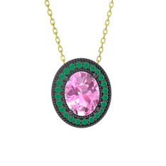 Esinti Oval Kolye - Pembe kuvars ve kök zümrüt 925 ayar siyah rodyum kaplama gümüş kolye (40 cm altın rolo zincir) #pgoycd