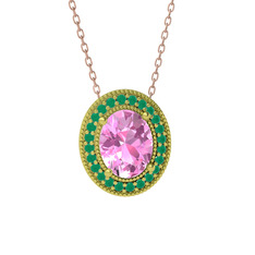 Esinti Oval Kolye - Pembe kuvars ve kök zümrüt 14 ayar altın kolye (40 cm rose altın rolo zincir) #pnieym