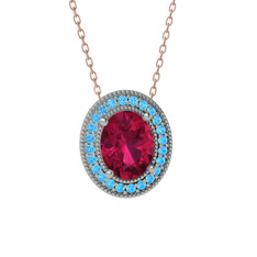 Rodolit garnet ve akuamarin 18 ayar beyaz altın kolye (40 cm rose altın rolo zincir)