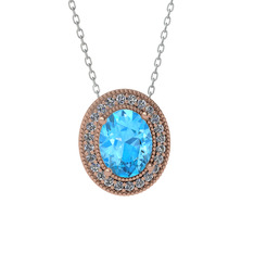 Esinti Oval Kolye - Akuamarin ve beyaz zirkon 8 ayar rose altın kolye (40 cm beyaz altın rolo zincir) #qd31xl