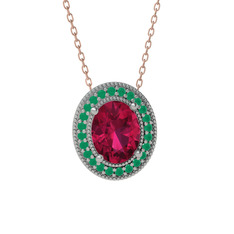 Esinti Oval Kolye - Rodolit garnet ve kök zümrüt 8 ayar beyaz altın kolye (40 cm rose altın rolo zincir) #rnulbo