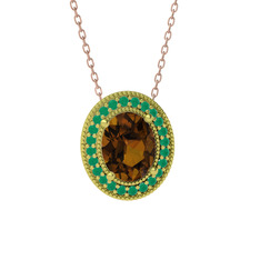 Esinti Oval Kolye - Dumanlı kuvars ve kök zümrüt 8 ayar altın kolye (40 cm rose altın rolo zincir) #s1crca