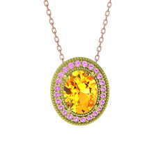 Esinti Oval Kolye - Sitrin ve pembe kuvars 14 ayar altın kolye (40 cm rose altın rolo zincir) #s4ehp8