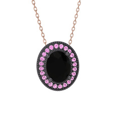 Esinti Oval Kolye - Siyah zirkon ve pembe kuvars 925 ayar siyah rodyum kaplama gümüş kolye (40 cm rose altın rolo zincir) #sbv9zu