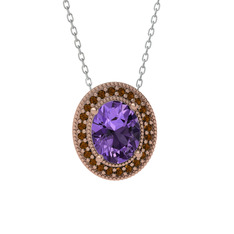 Ametist ve dumanlı kuvars 14 ayar rose altın kolye (40 cm beyaz altın rolo zincir)