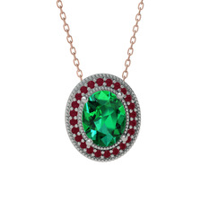 Esinti Oval Kolye - Yeşil kuvars ve kök yakut 14 ayar beyaz altın kolye (40 cm rose altın rolo zincir) #t0dqk7