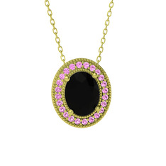Esinti Oval Kolye - Siyah zirkon ve pembe kuvars 925 ayar altın kaplama gümüş kolye (40 cm altın rolo zincir) #t9lrdn