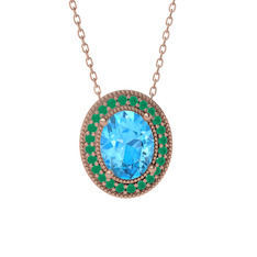Esinti Oval Kolye - Akuamarin ve kök zümrüt 18 ayar rose altın kolye (40 cm rose altın rolo zincir) #uyvp98