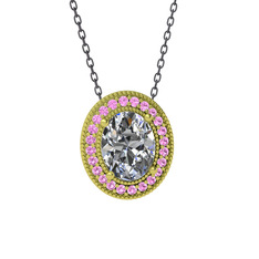 Esinti Oval Kolye - Beyaz zirkon ve pembe kuvars 14 ayar altın kolye (40 cm gümüş rolo zincir) #vnar6r