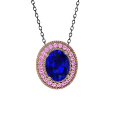 Lab safir ve pembe kuvars 8 ayar rose altın kolye (40 cm gümüş rolo zincir)