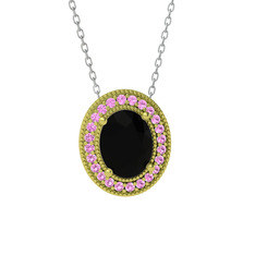 Esinti Oval Kolye - Siyah zirkon ve pembe kuvars 925 ayar altın kaplama gümüş kolye (40 cm gümüş rolo zincir) #w9fyxy