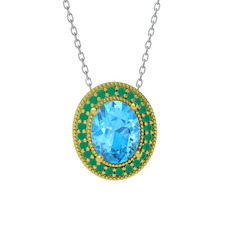 Esinti Oval Kolye - Akuamarin ve kök zümrüt 14 ayar altın kolye (40 cm beyaz altın rolo zincir) #w9t87l