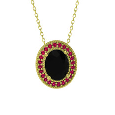 Esinti Oval Kolye - Siyah zirkon ve rodolit garnet 8 ayar altın kolye (40 cm altın rolo zincir) #wdav0x