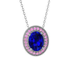 Lab safir ve pembe kuvars 18 ayar beyaz altın kolye (40 cm beyaz altın rolo zincir)