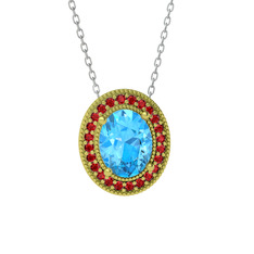 Esinti Oval Kolye - Akuamarin ve garnet 14 ayar altın kolye (40 cm beyaz altın rolo zincir) #x61kgr