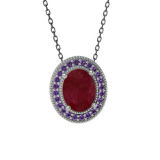 Esinti Oval Kolye - Kök yakut ve ametist 18 ayar beyaz altın kolye (40 cm gümüş rolo zincir) #xq295c