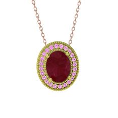 Esinti Oval Kolye - Kök yakut ve pembe kuvars 18 ayar altın kolye (40 cm rose altın rolo zincir) #y4t2fp