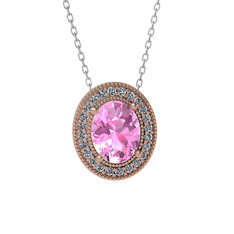 Esinti Oval Kolye - Pembe kuvars ve beyaz zirkon 18 ayar rose altın kolye (40 cm beyaz altın rolo zincir) #y6vaio