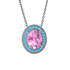 Pembe kuvars ve akuamarin 8 ayar beyaz altın kolye (40 cm gümüş rolo zincir)