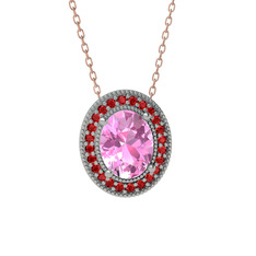 Esinti Oval Kolye - Pembe kuvars ve garnet 8 ayar beyaz altın kolye (40 cm rose altın rolo zincir) #yqw9cb