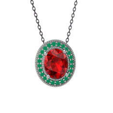 Garnet ve kök zümrüt 8 ayar beyaz altın kolye (40 cm gümüş rolo zincir)