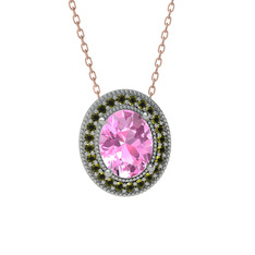 Esinti Oval Kolye - Pembe kuvars ve peridot 8 ayar beyaz altın kolye (40 cm rose altın rolo zincir) #zi4zcs