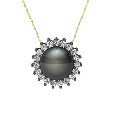 Gün Işığı İnci Kolye - Siyah inci ve swarovski 925 ayar siyah rodyum kaplama gümüş kolye (40 cm altın rolo zincir) #124os8x