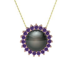 Siyah inci ve ametist 925 ayar rose altın kaplama gümüş kolye (40 cm altın rolo zincir)