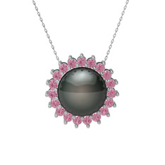 Gün Işığı İnci Kolye - Siyah inci ve pembe kuvars 8 ayar beyaz altın kolye (40 cm beyaz altın rolo zincir) #16aknag