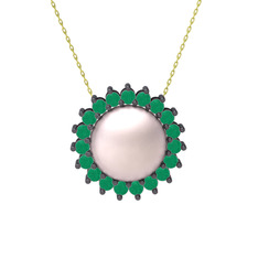 Gün Işığı İnci Kolye - Pembe inci ve kök zümrüt 925 ayar siyah rodyum kaplama gümüş kolye (40 cm altın rolo zincir) #1790jrl