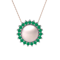 Gün Işığı İnci Kolye - Pembe inci ve kök zümrüt 8 ayar beyaz altın kolye (40 cm rose altın rolo zincir) #17mcq0r