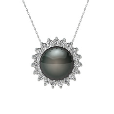 Gün Işığı İnci Kolye - Siyah inci ve swarovski 925 ayar gümüş kolye (40 cm beyaz altın rolo zincir) #17omwot