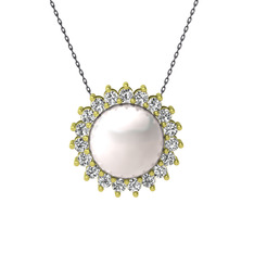 Gün Işığı İnci Kolye - Inci ve beyaz zirkon 18 ayar altın kolye (40 cm gümüş rolo zincir) #18tv3p1