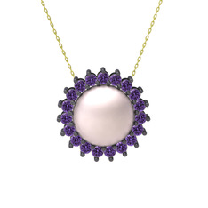 Gün Işığı İnci Kolye - Pembe inci ve ametist 925 ayar siyah rodyum kaplama gümüş kolye (40 cm altın rolo zincir) #1901mjo