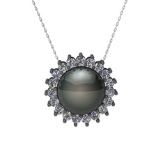 Gün Işığı İnci Kolye - Siyah inci ve pırlanta 925 ayar siyah rodyum kaplama gümüş kolye (0.285 karat, 40 cm beyaz altın rolo zincir) #196i1eg