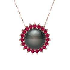 Siyah inci ve rodolit garnet 18 ayar rose altın kolye (40 cm rose altın rolo zincir)