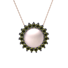 Gün Işığı İnci Kolye - Pembe inci ve peridot 925 ayar siyah rodyum kaplama gümüş kolye (40 cm rose altın rolo zincir) #1f87yk3