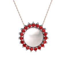Gün Işığı İnci Kolye - Inci ve garnet 18 ayar beyaz altın kolye (40 cm rose altın rolo zincir) #1hqmpf1