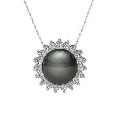 Gün Işığı İnci Kolye - Siyah inci ve beyaz zirkon 925 ayar gümüş kolye (40 cm gümüş rolo zincir) #1huiob7