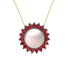 Gün Işığı İnci Kolye - Pembe inci ve garnet 925 ayar siyah rodyum kaplama gümüş kolye (40 cm altın rolo zincir) #1i845y9