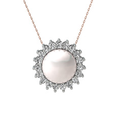 Gün Işığı İnci Kolye - Inci ve swarovski 14 ayar beyaz altın kolye (40 cm rose altın rolo zincir) #1jpq9sk