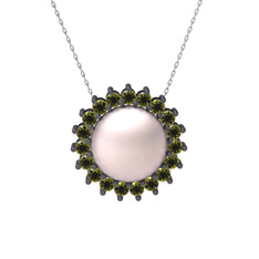 Gün Işığı İnci Kolye - Pembe inci ve peridot 925 ayar siyah rodyum kaplama gümüş kolye (40 cm beyaz altın rolo zincir) #1lm5q91