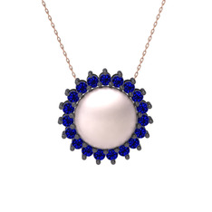 Gün Işığı İnci Kolye - Pembe inci ve lab safir 925 ayar siyah rodyum kaplama gümüş kolye (40 cm rose altın rolo zincir) #1lnncgl