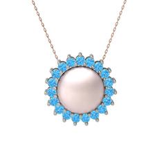 Gün Işığı İnci Kolye - Pembe inci ve akuamarin 18 ayar beyaz altın kolye (40 cm rose altın rolo zincir) #1lpnvdg