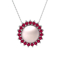 Pembe inci ve rodolit garnet 18 ayar beyaz altın kolye (40 cm gümüş rolo zincir)