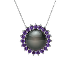 Gün Işığı İnci Kolye - Siyah inci ve ametist 18 ayar beyaz altın kolye (40 cm beyaz altın rolo zincir) #1mm1ta4