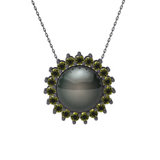 Gün Işığı İnci Kolye - Siyah inci ve peridot 925 ayar siyah rodyum kaplama gümüş kolye (40 cm gümüş rolo zincir) #1pcico8