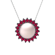 Gün Işığı İnci Kolye - Pembe inci ve rodolit garnet 925 ayar siyah rodyum kaplama gümüş kolye (40 cm gümüş rolo zincir) #1qxz03b