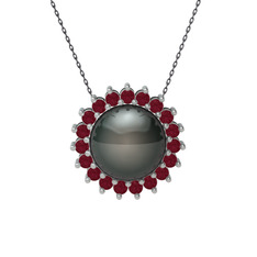 Gün Işığı İnci Kolye - Siyah inci ve kök yakut 8 ayar beyaz altın kolye (40 cm gümüş rolo zincir) #1rz7uyj