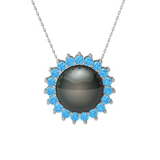 Gün Işığı İnci Kolye - Siyah inci ve akuamarin 925 ayar gümüş kolye (40 cm beyaz altın rolo zincir) #1sqibmc